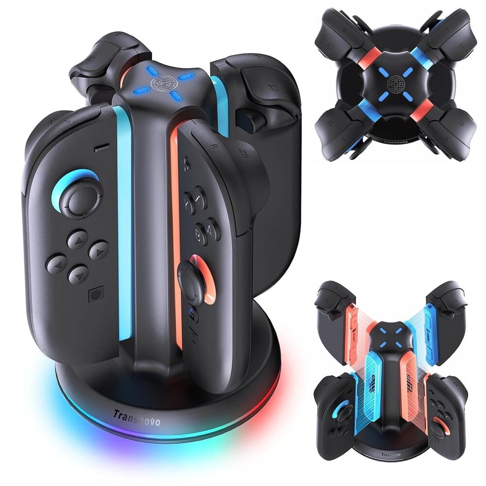 TRANSNOVO Switch 2 Joy-Con Charging Dock 4-in-1 RGB Magnetic Charger Black